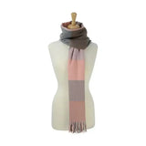 Hy equestrian cumbria soft delicate large square scarf in pastel pink and gray check with a luxurious soft fringed edge