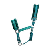 Teal glittery hy equestrian dazzle head collar with plush green fleece padding and silver hardware details