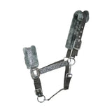Gray glittery Hy Equestrian dazzle head collar with plush fur padding and silver metal hardware featuring star detailing