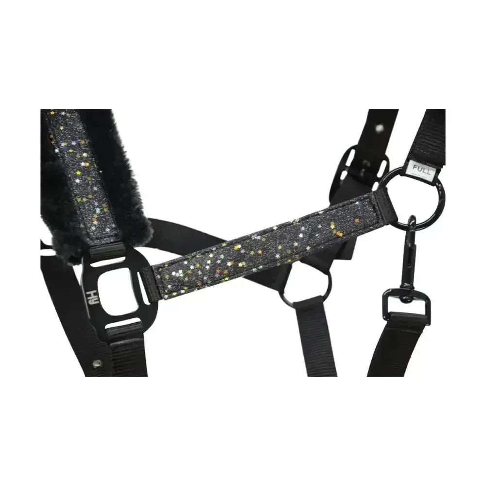 Black glitter hy equestrian dazzle head collar with plush lining adjustable straps and intricate star detailing
