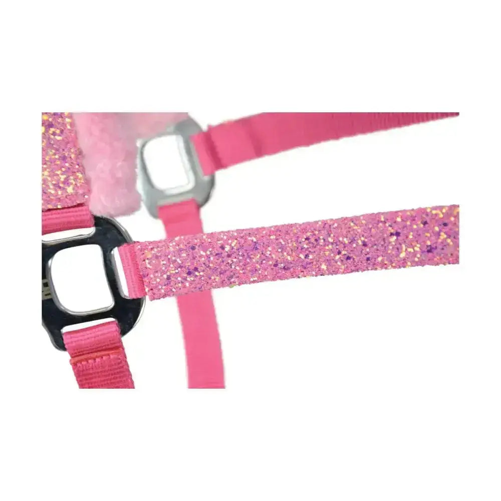 Pink glittery Hy Equestrian dazzle head collar with silver and black buckles and intricate star detailing