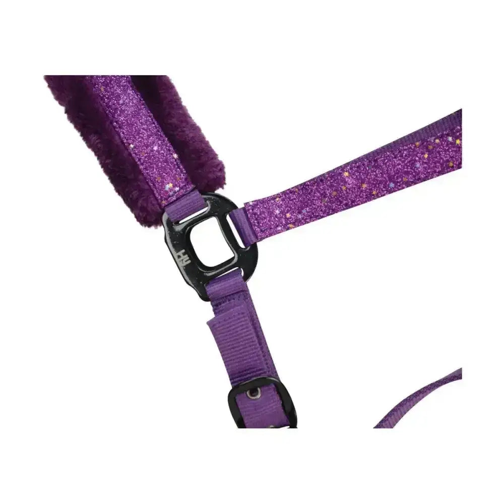 Purple glitter dazzle head collar with plush fuzzy lining black metal hardware and intricate star detailing by hy equestrian