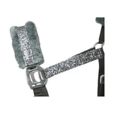 Silver glittery dazzle head collar with plush gray fleece padding and metallic buckle from hy equestrian with intricate star detailing