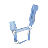 Light blue glittery hy equestrian dazzle head collar with plush fleece padding and silver metal hardware featuring intricate star detailing
