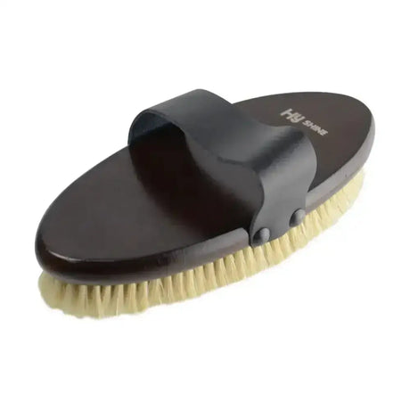Black hu shoe horse hoof brush with natural pig bristles in hy equestrian deluxe body brush dark brown lacquered oval body brush