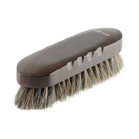 Brown-handled equestrian deluxe flick brush with natural horse hair bristles for grooming horses