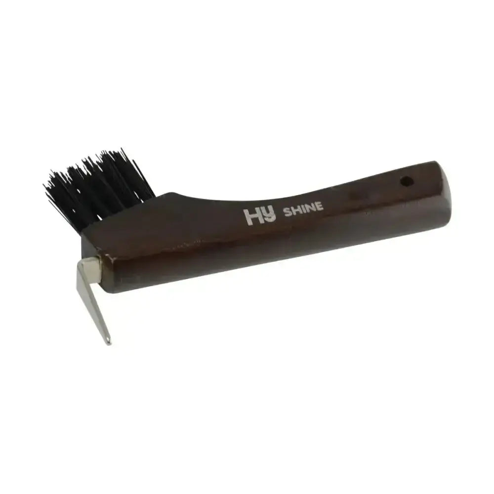 Dark brown lacquered hoof pick with black bristles brush and silver scraper attachment branded hy shine for equestrian deluxe hoof care