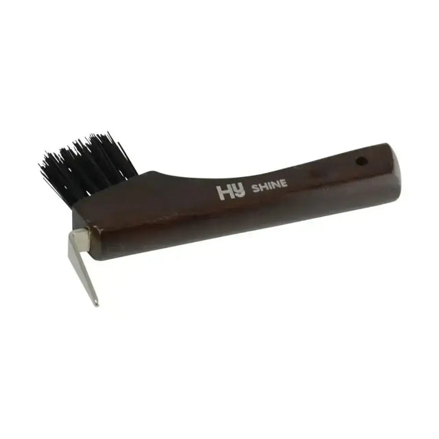 Dark brown lacquered hoof pick with black bristles brush and silver scraper attachment branded hy shine for equestrian deluxe hoof care