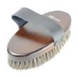 Gray and brown deluxe horse hair wooden body brush with leather strap for equestrian deluxe horse grooming