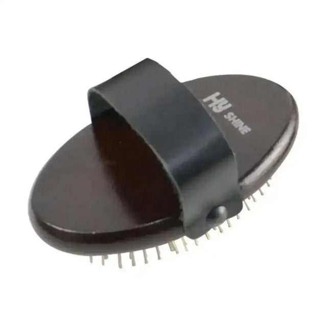Black hu shine horse brush with smooth oval handle and sturdy metal bristles in dark brown lacquered equestrian deluxe metal mane comb