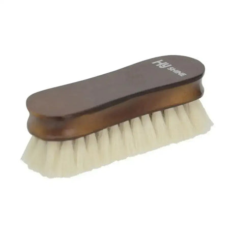 Brown wooden-handled hy equestrian deluxe wooden face brush with dense cream goats hair bristles
