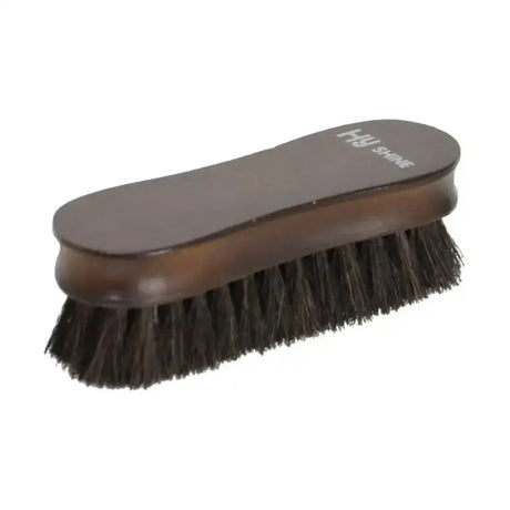 Brown wooden shoe brush with dense black bristles and hi shine handle engraving for equestrian deluxe wooden face brush
