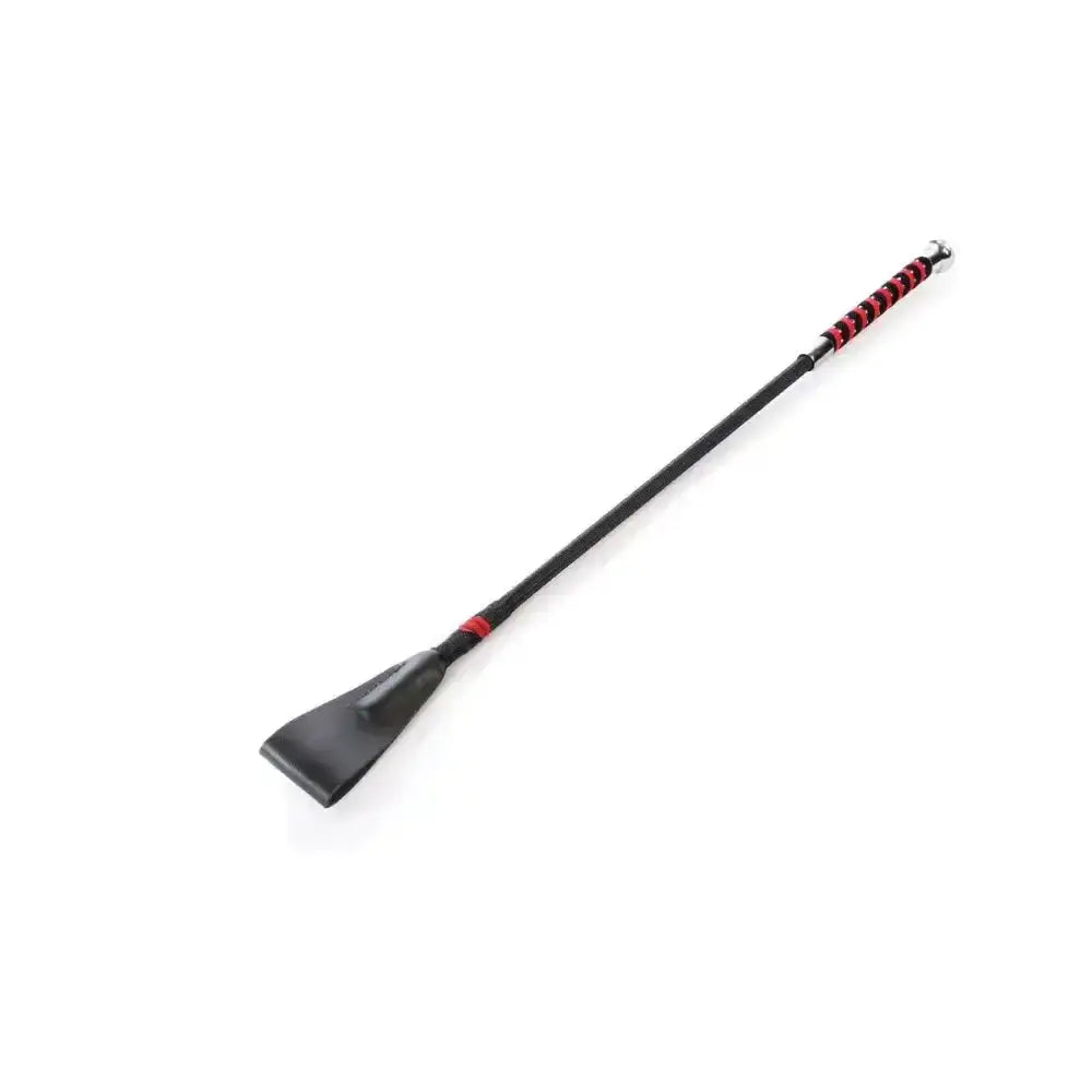Black leather diamante riding whip with a red and black textured grip and a diamante encrusted handle by hy equestrian