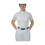 White short sleeved equestrian diamante show shirt with high collar and subtle embroidered logo for competition wear