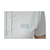 White polo shirt from hy equestrian diamante line with sparkling h logo and silver studs for competition wear