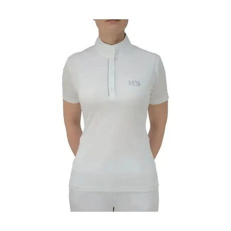 White short sleeved polo shirt with high collar and subtle hs embroidery from hy equestrian diamante competition wear