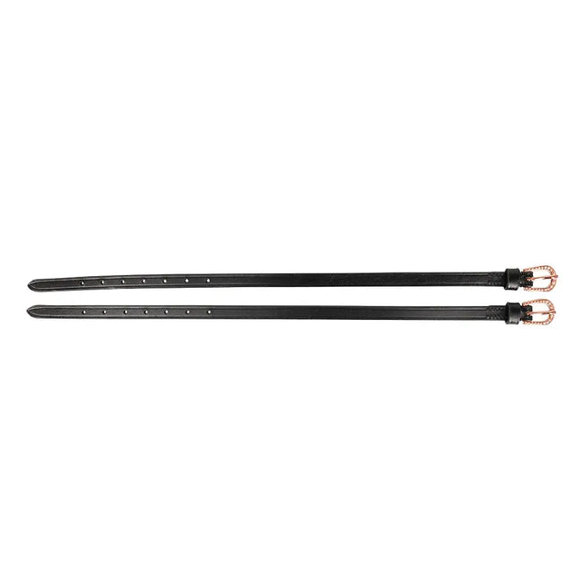 Black leather diamante spur straps with rose gold buckles perfect for stylish equestrian use