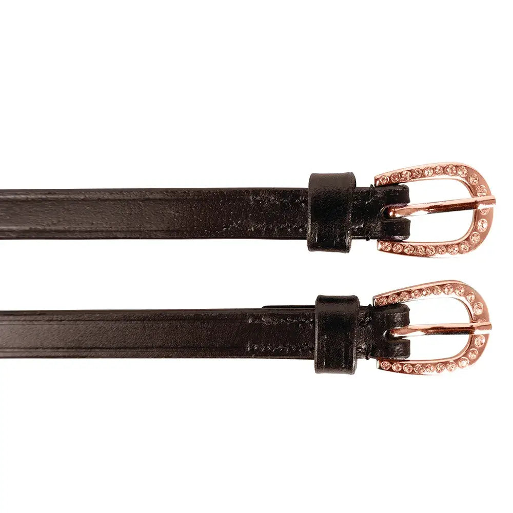 Black leather diamante spur straps with rose gold buckle and clear rhinestones for stylish equestrian use