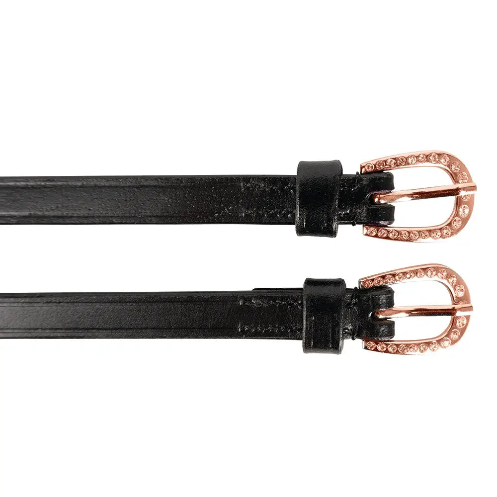 Black leather diamante spur straps with rose gold tone buckle and sparkling rhinestones for equestrian use