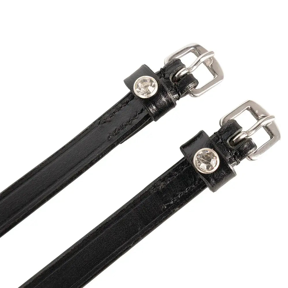 Black leather hy equestrian diamante stud spur straps with silver buckles and clear crystal embellishments