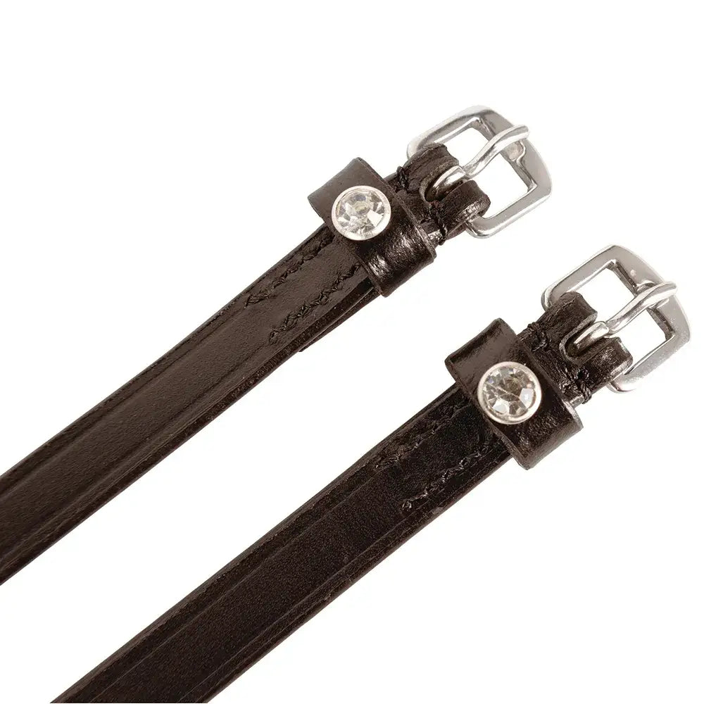 Black leather hy equestrian diamante stud spur straps with silver buckles and clear crystal rhinestones