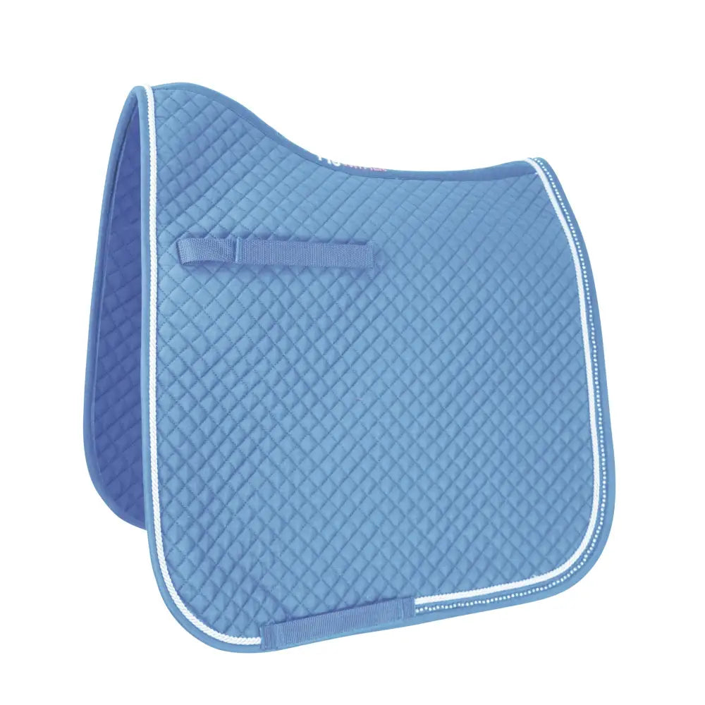 Light blue quilted diamond touch dressage pad with white piping and matching fabric strap from hy equestrian