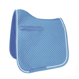 Light blue quilted diamond touch dressage pad with white piping and matching fabric strap from hy equestrian