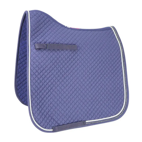 Purple quilted equestrian diamond touch dressage pad with white piping and gray straps for dressage use