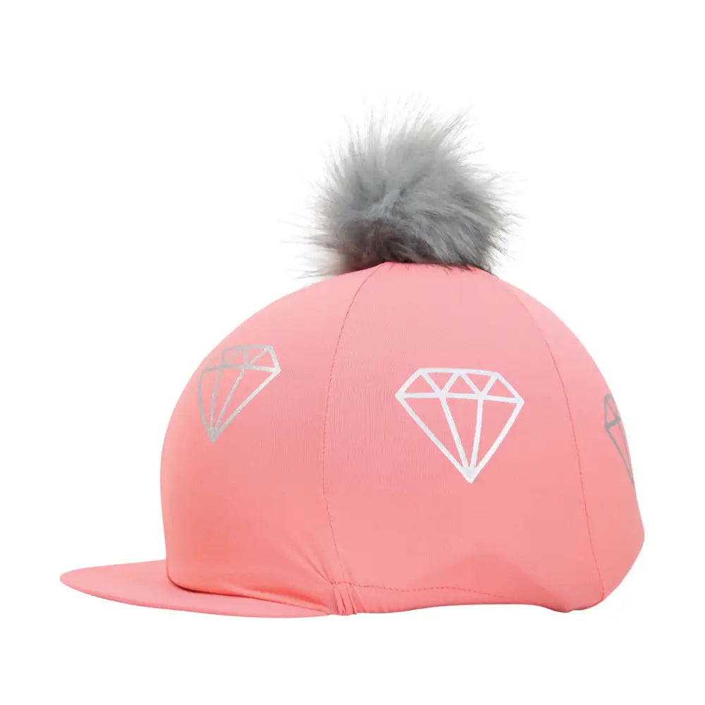 Hy Equestrian Diamonds Hat Cover Bright Coral/Grey Hat Silks Barnstaple Equestrian Supplies