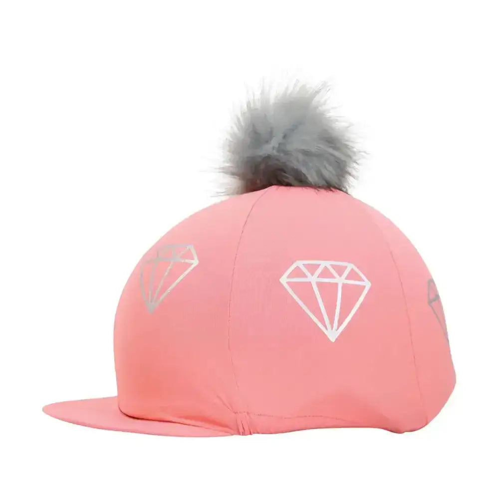 Pink hy equestrian diamonds hat cover with silver diamond embroidery and gray faux fur pom on top