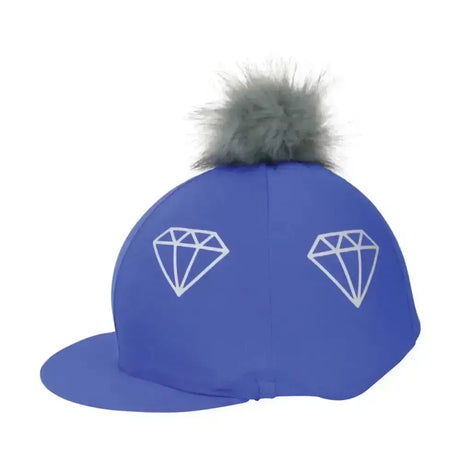 Blue horse equestrian diamonds hat cover with white diamond embroidery and gray faux fur pom on top