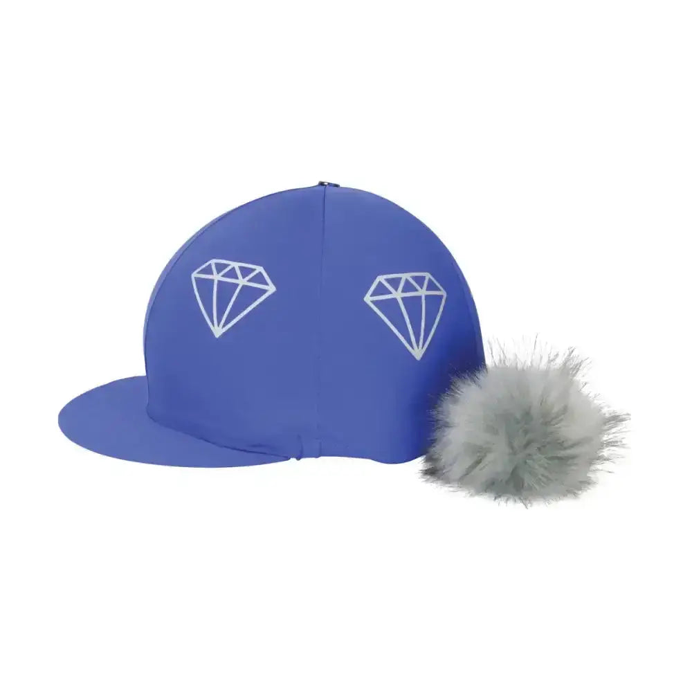 Blue hy equestrian diamonds hat cover with white diamond embroidery and gray faux fur pom on side