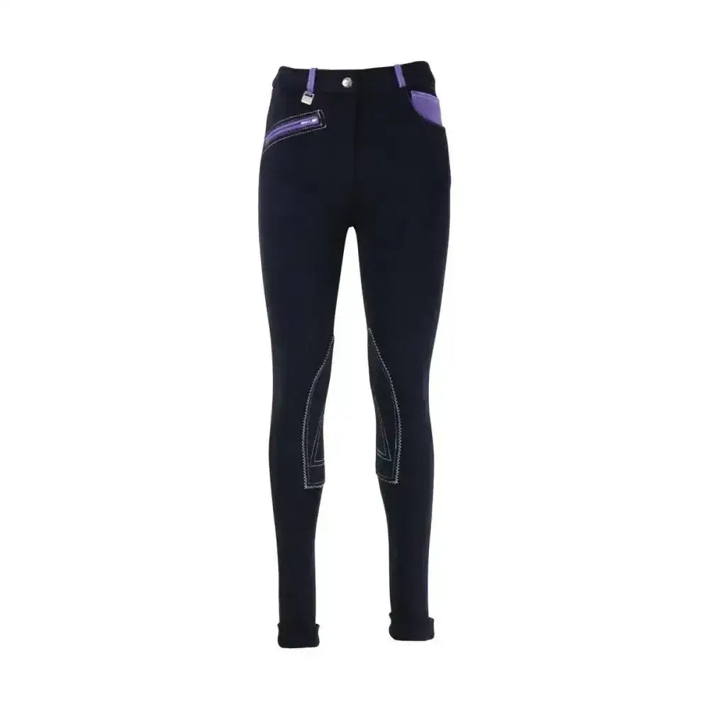 Black equestrian diesel children’s jodhpurs with purple waistband accents and white stitching on knee patches
