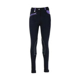 Black equestrian diesel children’s jodhpurs with purple waistband accents and white stitching on knee patches