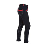 Back view of black hy equestrian diesel children’s jodhpurs with red trim and white stitching on leg panels