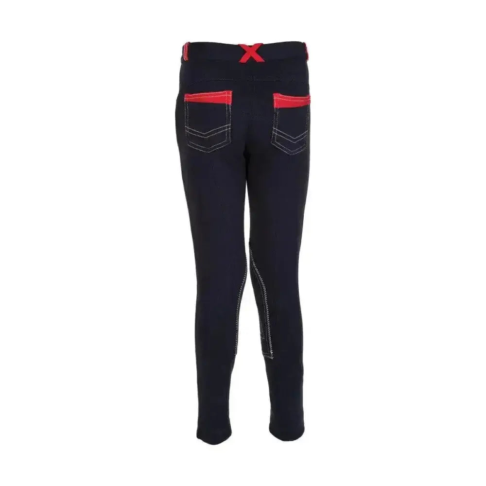 Back view of black equestrian diesel children’s jodhpurs with red trim and white stitching perfect for kids riding gear