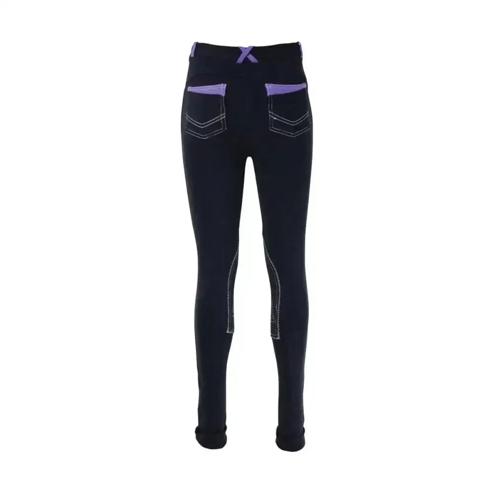 Back view of black equestrian diesel children’s jodhpurs with purple waistband accents and white seam stitching