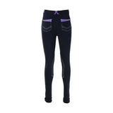 Back view of black equestrian diesel children’s jodhpurs with purple waistband accents and white seam stitching