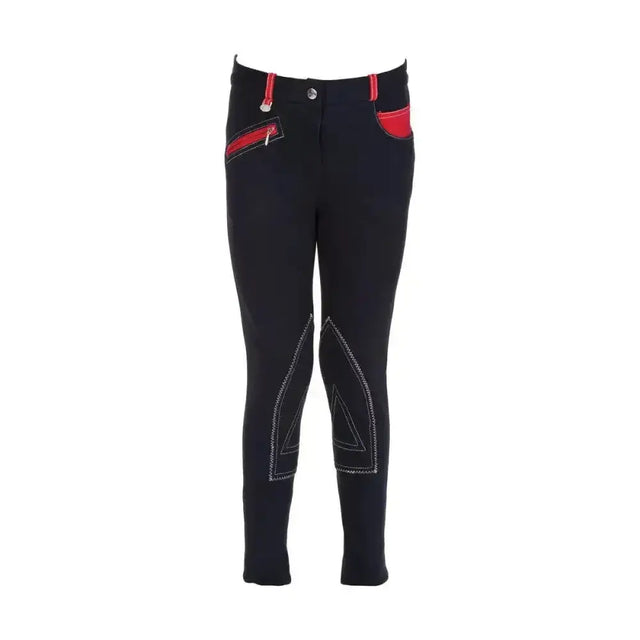 Black equestrian diesel children’s jodhpurs with red waistband accents and stylish stitching details for kids