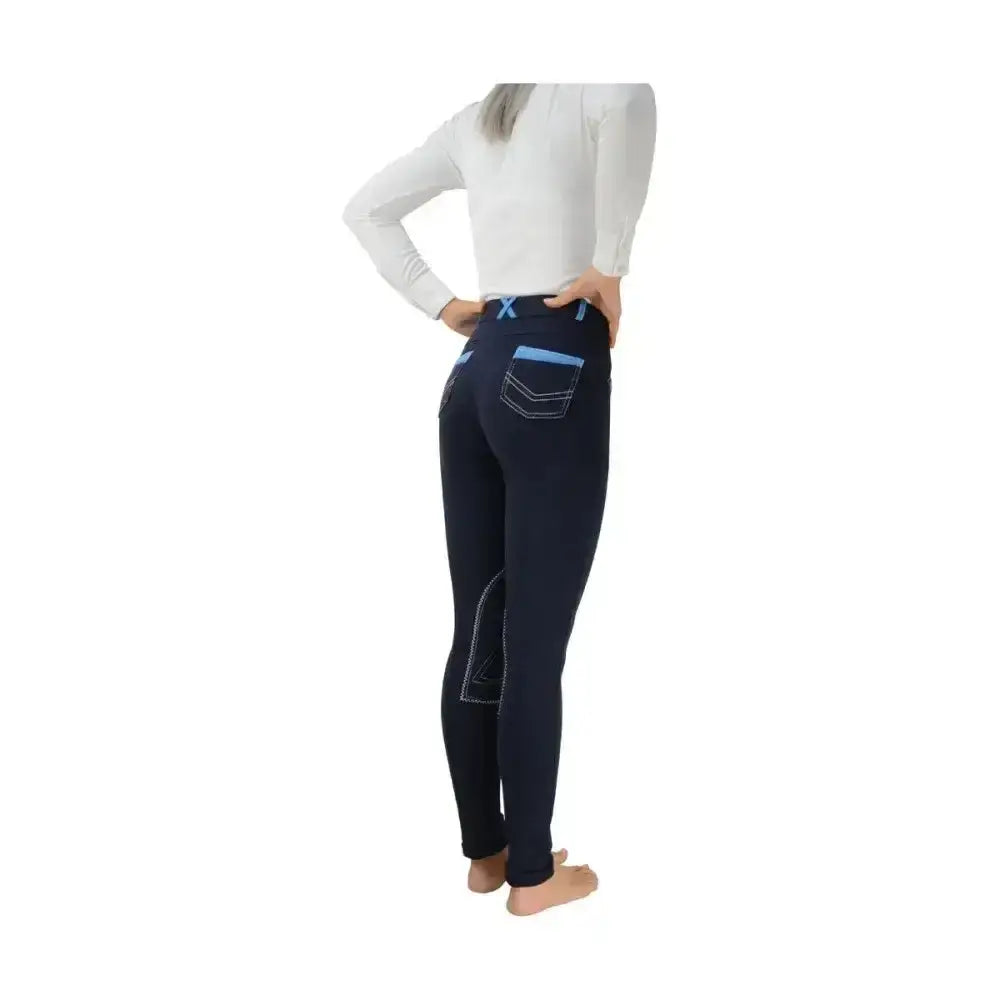 Navy blue hy equestrian diesel ladies jodhpurs with light blue stitching and pocket accent, fashionable jodhpur style
