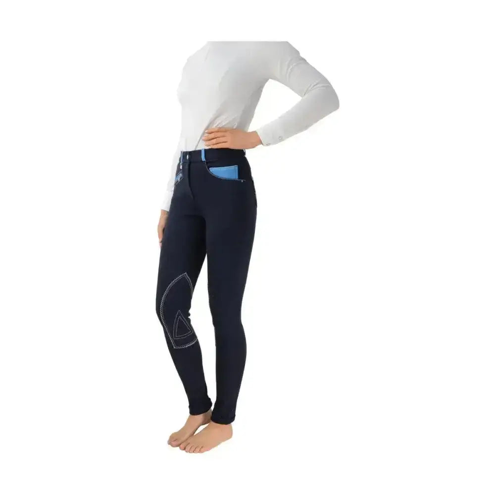Navy blue hy equestrian diesel ladies jodhpurs with light blue pockets and white stitched knee patches, fashionable jodhpur