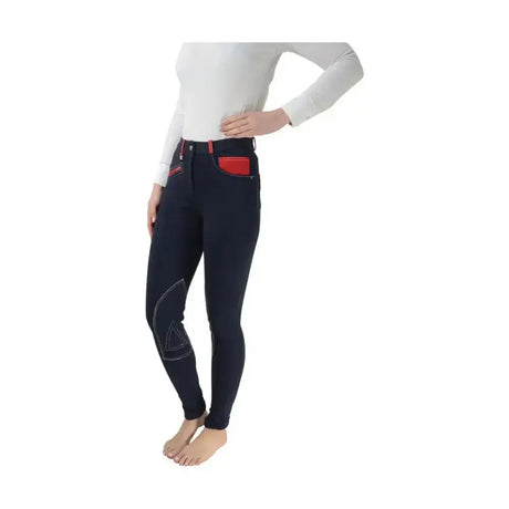 Navy blue hy equestrian diesel ladies jodhpurs with red accents and reinforced knee patches for stylish riding