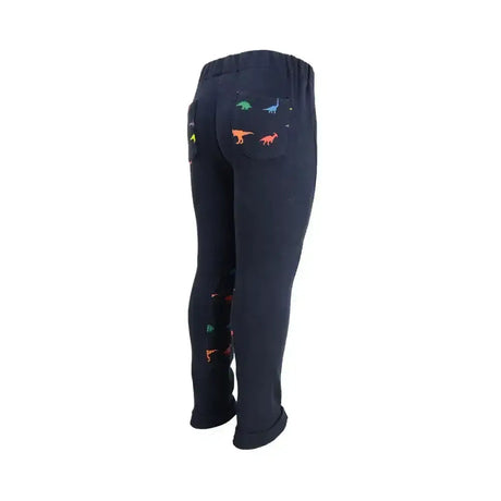 Back view of navy blue hy equestrian dinosaur tots jodhpurs with colourful dinosaur print on pockets and legs