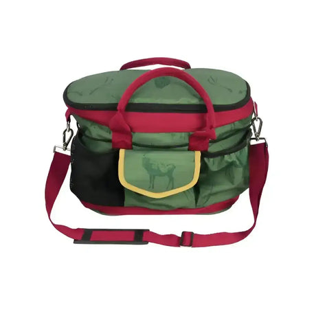 Green and red insulated deer grooming bag with deer silhouette front pocket from hy equestrian divine deer grooming line