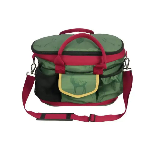 Green and red insulated deer grooming bag with deer silhouette front pocket from hy equestrian divine deer grooming line