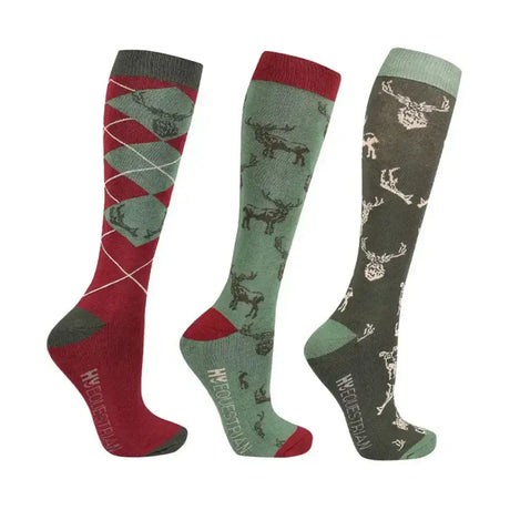 Hy Equestrian Divine Deer Socks (Pack of 3) Moss/Merlot/Fawn Riding Socks