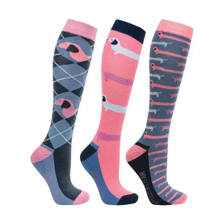 Three pairs of equestrian dorris knee-high dachshund socks in pink gray and navy with argyle patterns for sock collection