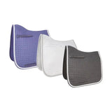Three hy equestrian double braid dressage pads in purple white and gray with honeycomb texture and contrasting trim