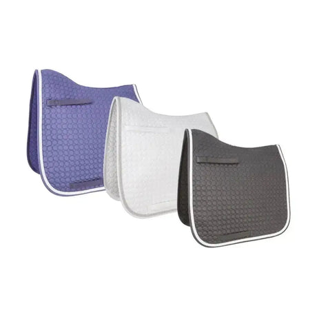 Three hy equestrian double braid dressage pads in purple white and gray with honeycomb texture and contrasting trim