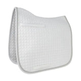 White quilted hy equestrian double braid dressage pad with subtle gray stitched border and honeycomb texture